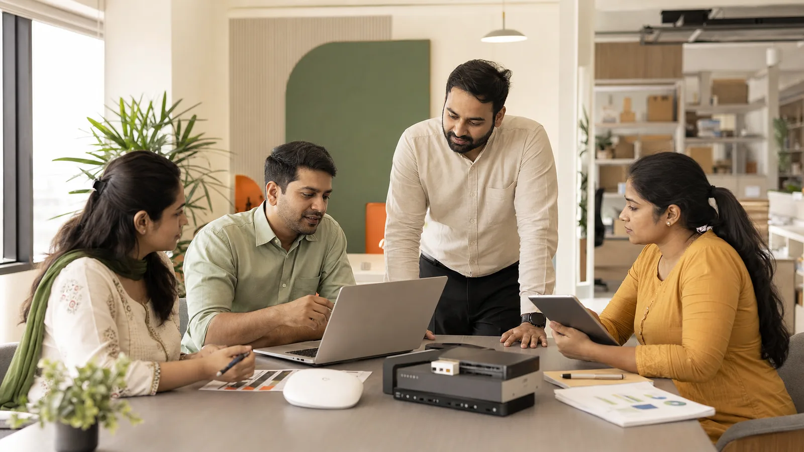 Indian technology distribution team reviewing products and channel plans in a bright office