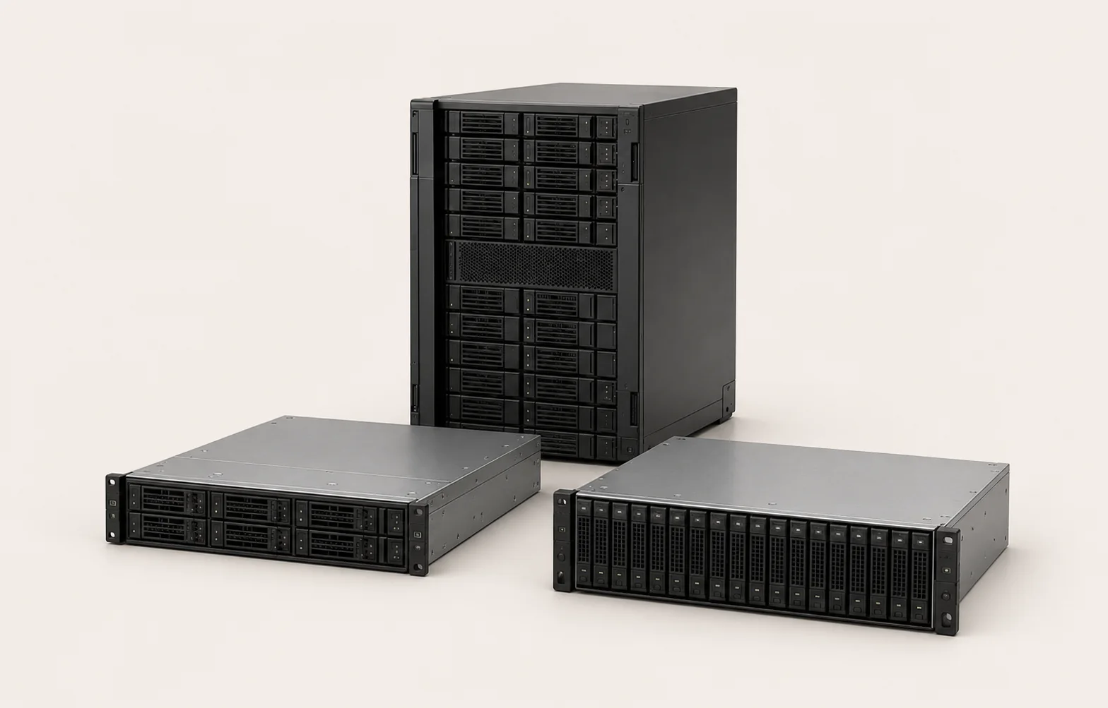 Enterprise servers and storage systems arranged on a pale sand background